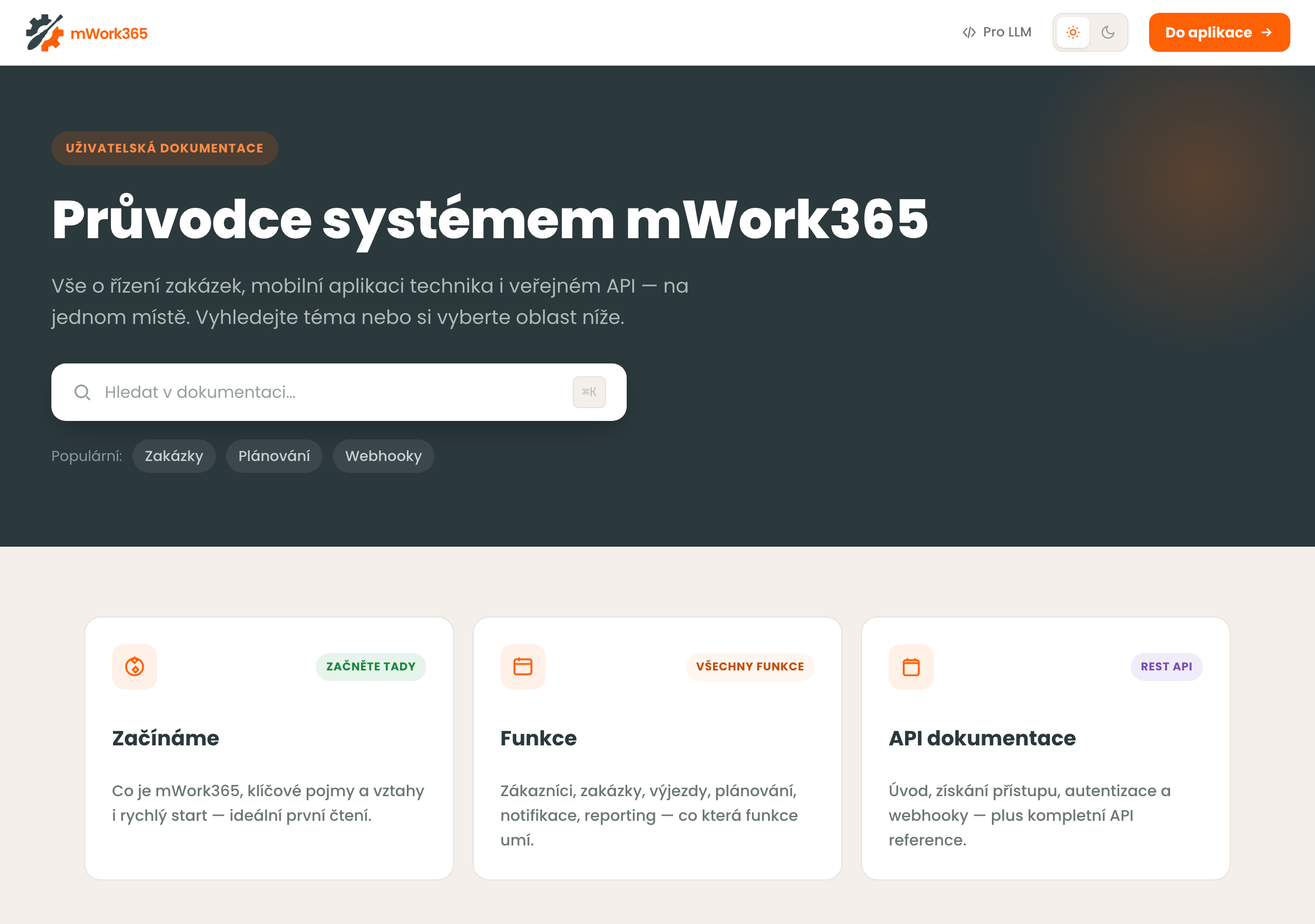 Úvodní strana uživatelské dokumentace mWork365 s vyhledáváním a rozcestníkem