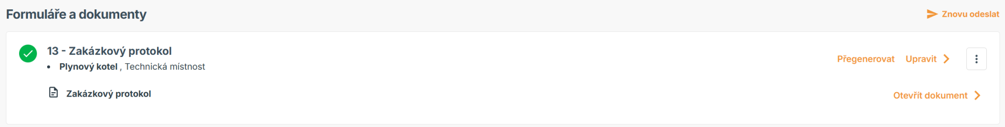 Ukázka formulářů a dokumentů ve webové aplikaci s novým tlačítkem přegenerovat