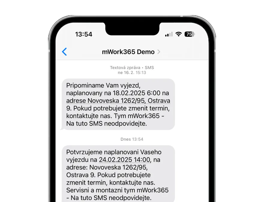 SMS a e-mailové notifikace odesílané zákazníkům z aplikace mWork365