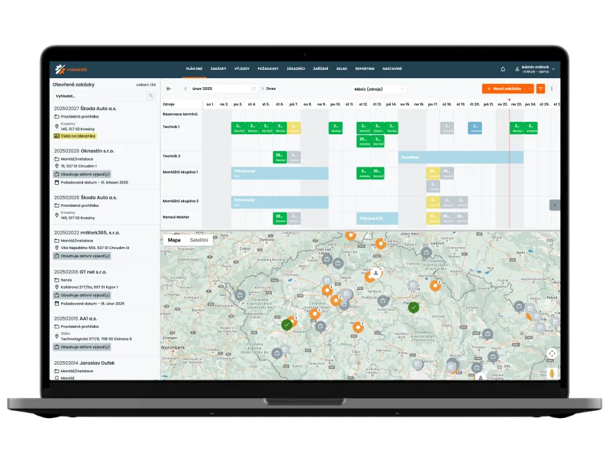 Plán dne v aplikaci mWork365 včetně zobrazení na mapě
