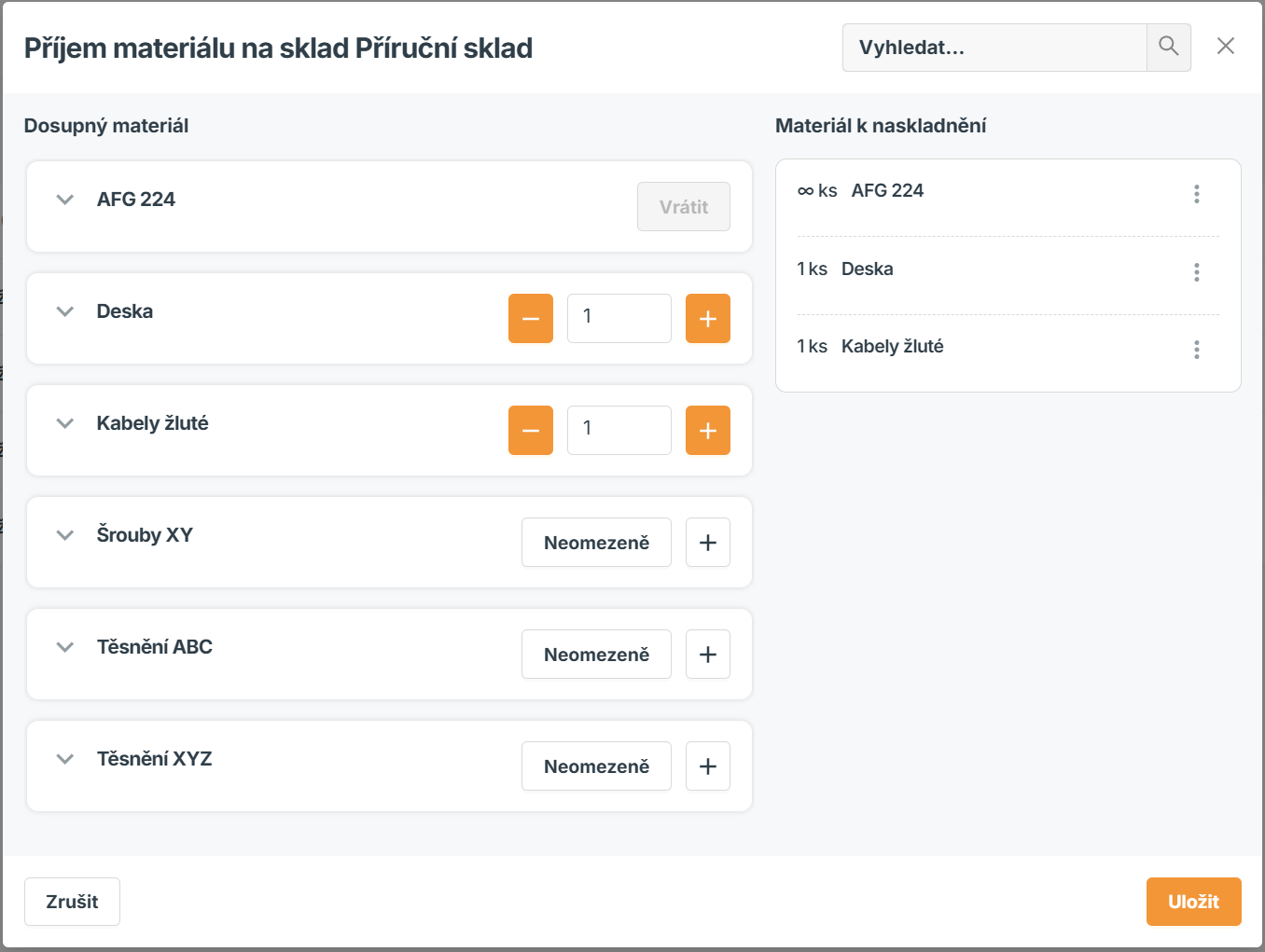 Ukázka nového příjmu materiálu ve webové aplikaci mWork365