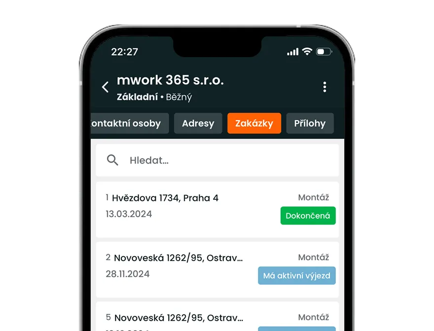 Historie zakázek v aplikaci mWork365